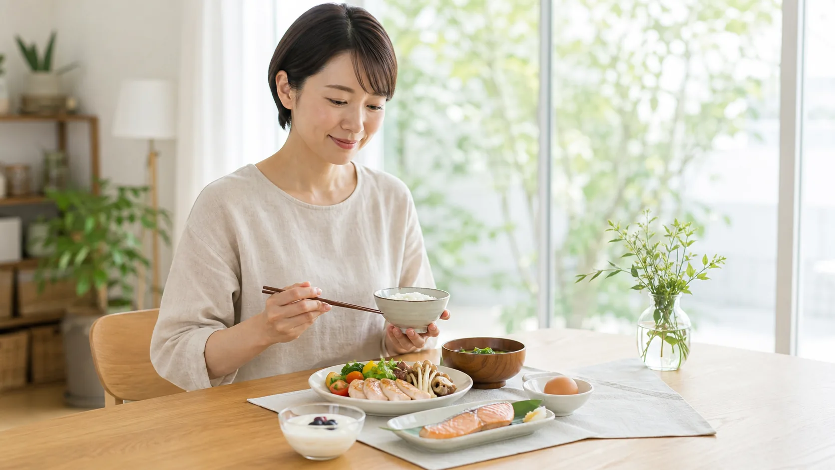 ダイエット中に取り入れやすい肉・魚・卵・ヨーグルト・野菜を使った食事を楽しむ日本人女性