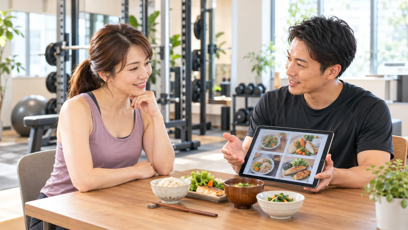 倉敷の個室ジムで普段の食事についてトレーナーへ相談する日本人女性