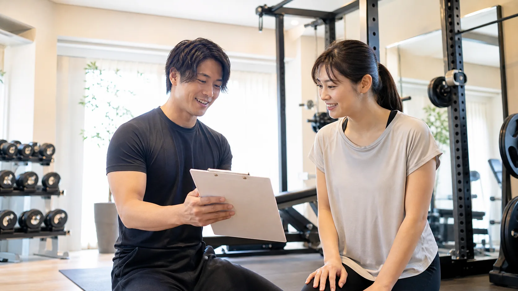 清潔な個室ジムでトレーナーと継続プランを確認する日本人女性