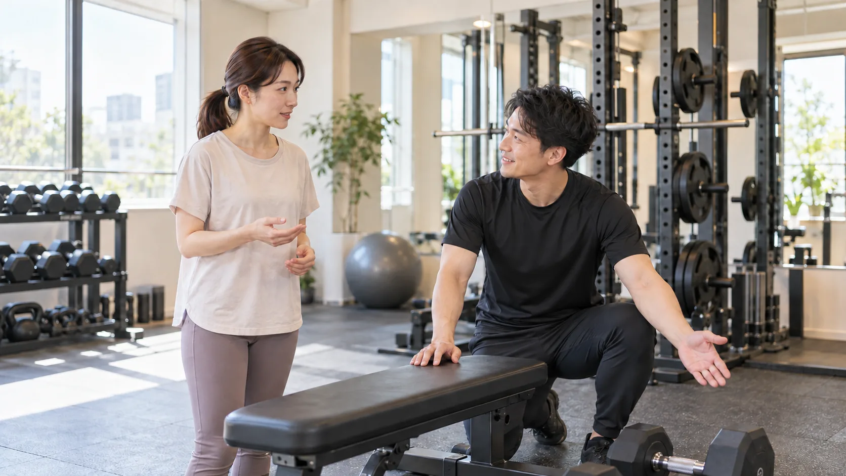 倉敷の個室ジムで日本人女性の質問に耳を傾けるパーソナルトレーナー