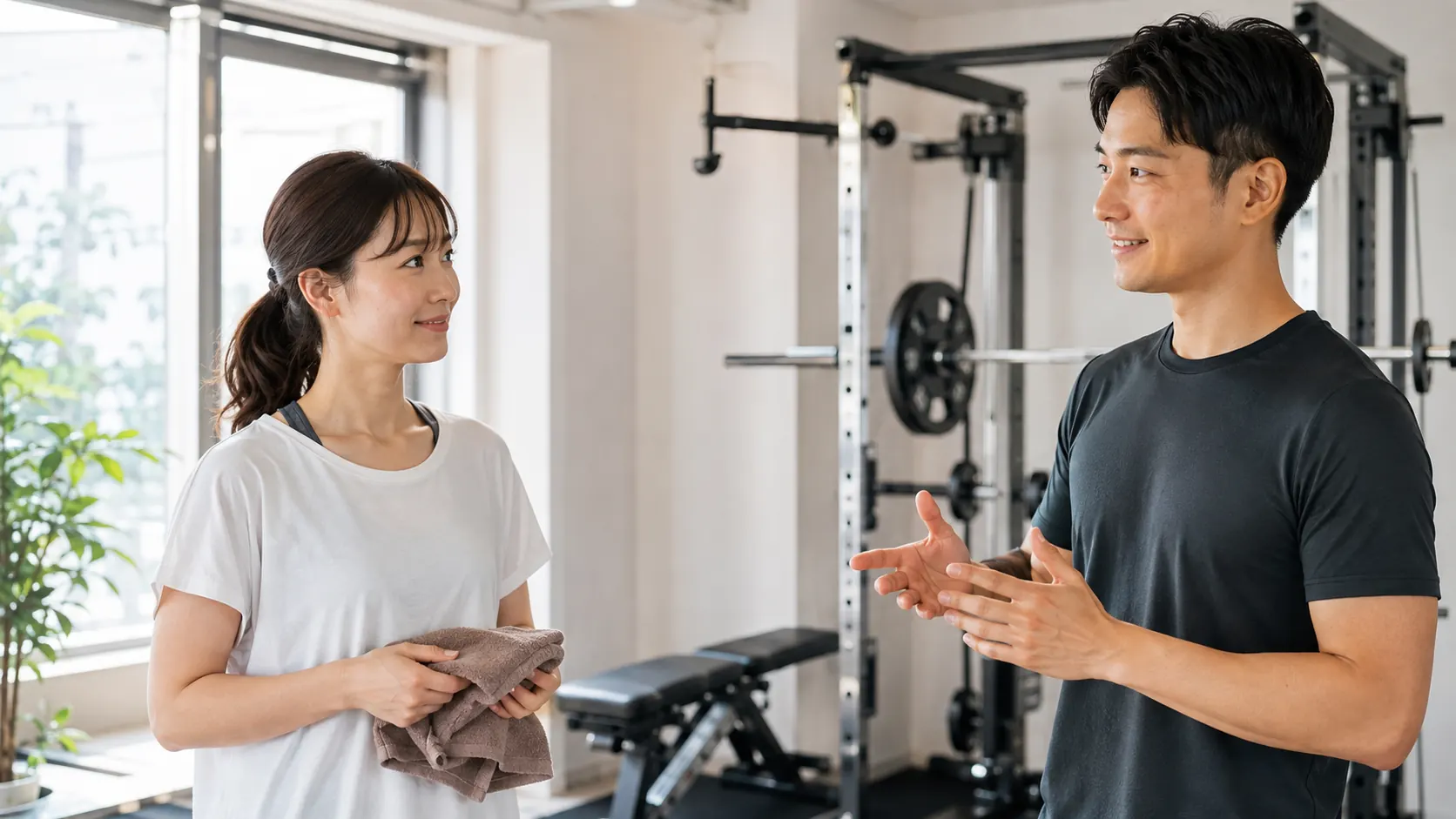 倉敷の個室ジムで初回体験の説明を受ける日本人女性