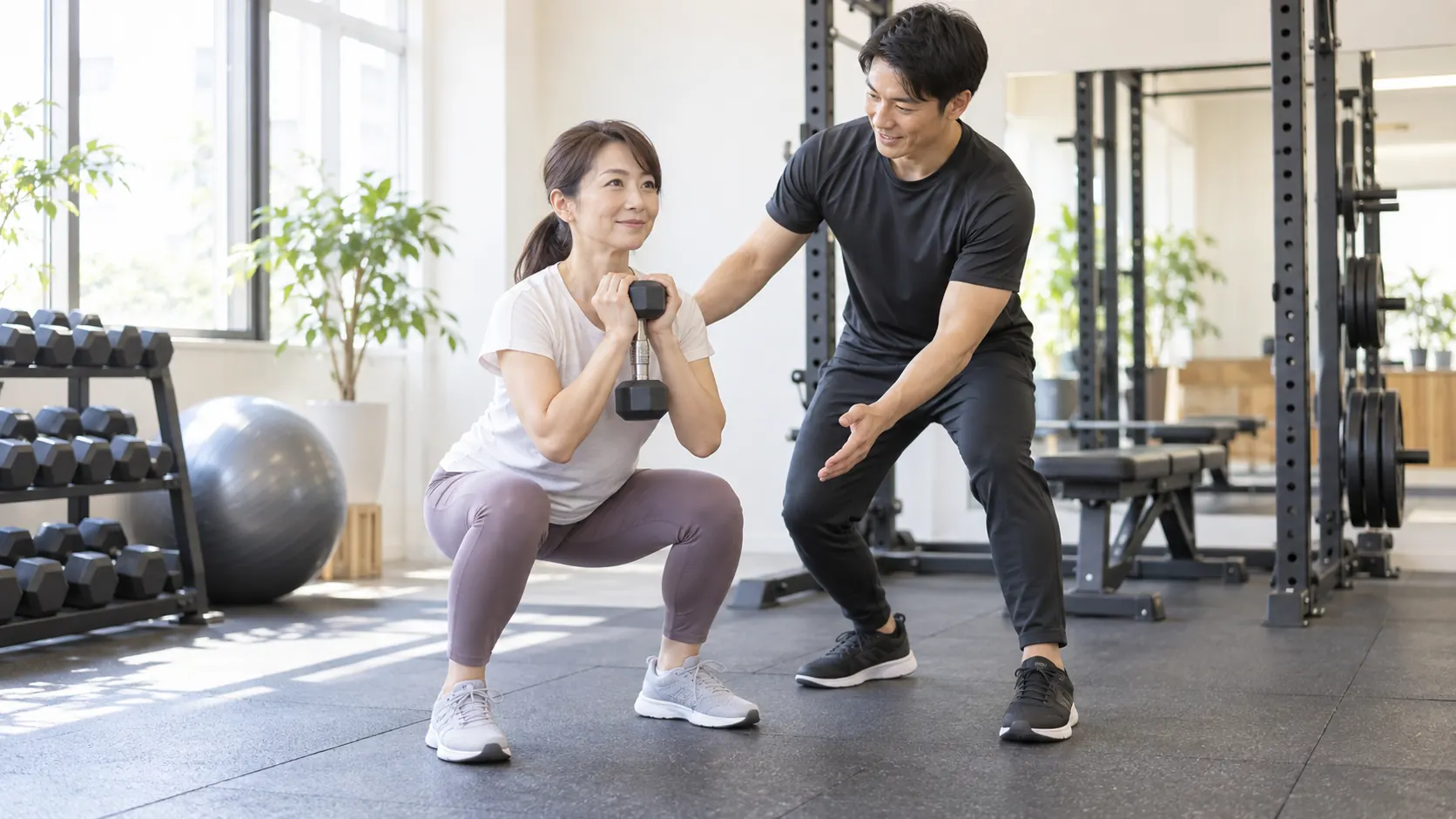 倉敷の個室ジムで30分のパーソナルトレーニングに取り組む日本人女性