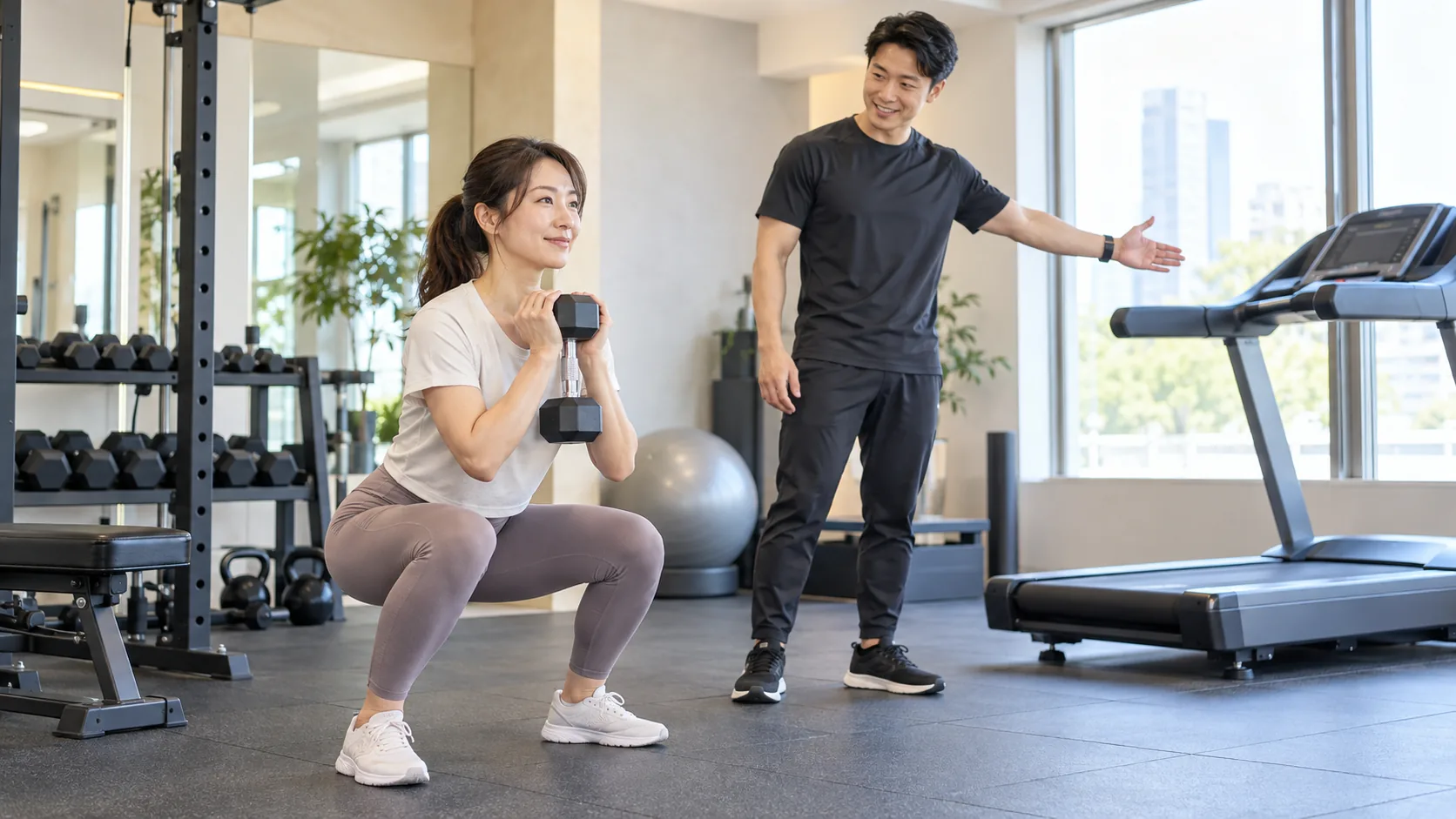 倉敷の個室ジムで筋トレと有酸素運動を組み合わせる日本人女性とトレーナー